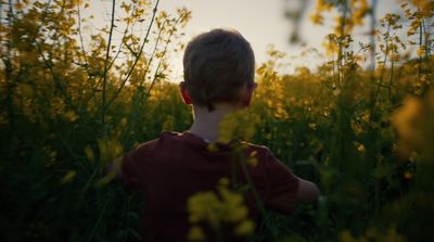 a young boy standing in a field of yellow flowers