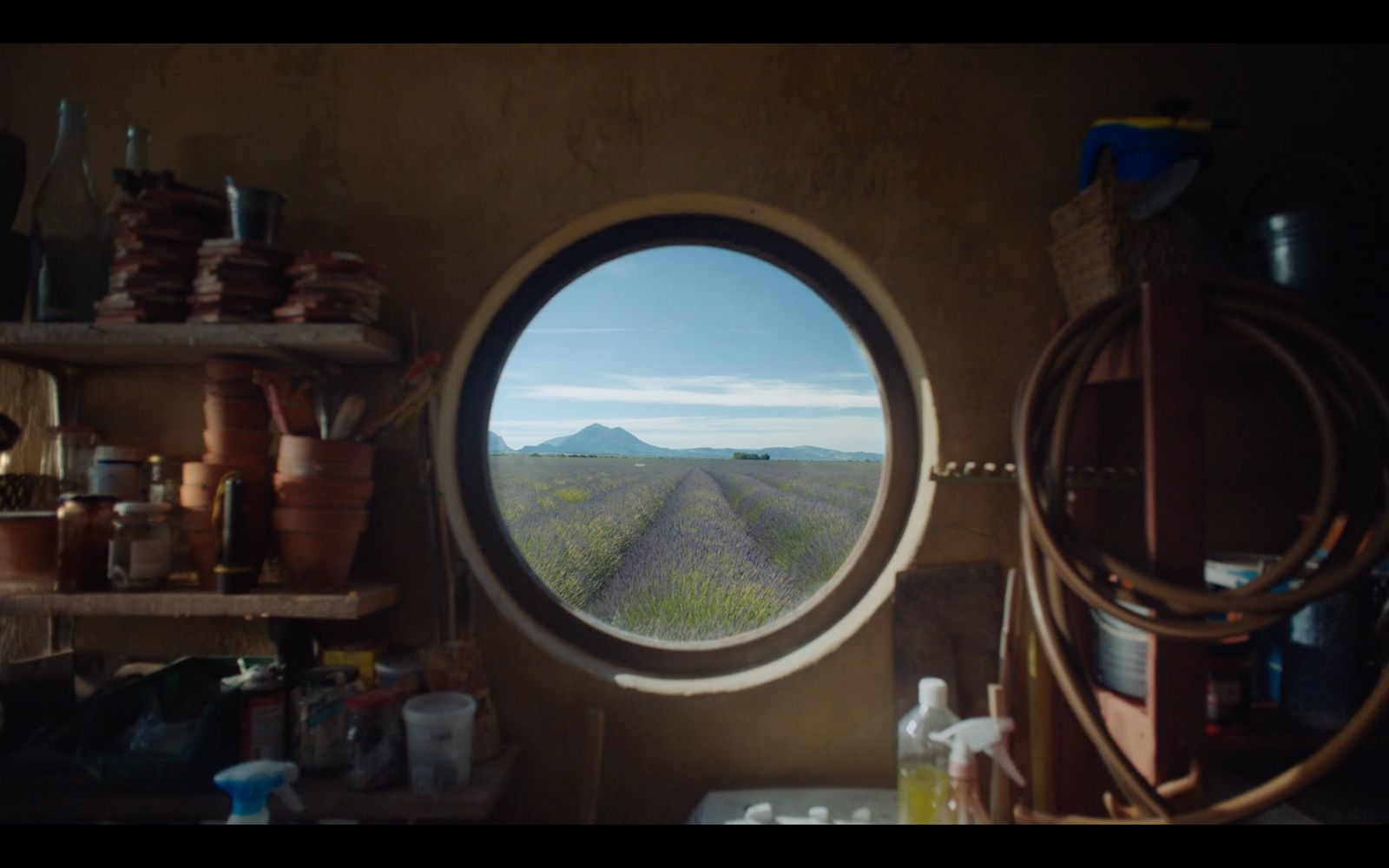 a view of a field through a round window