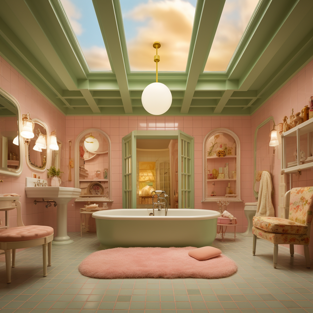 a bathroom with pink walls and a skylight