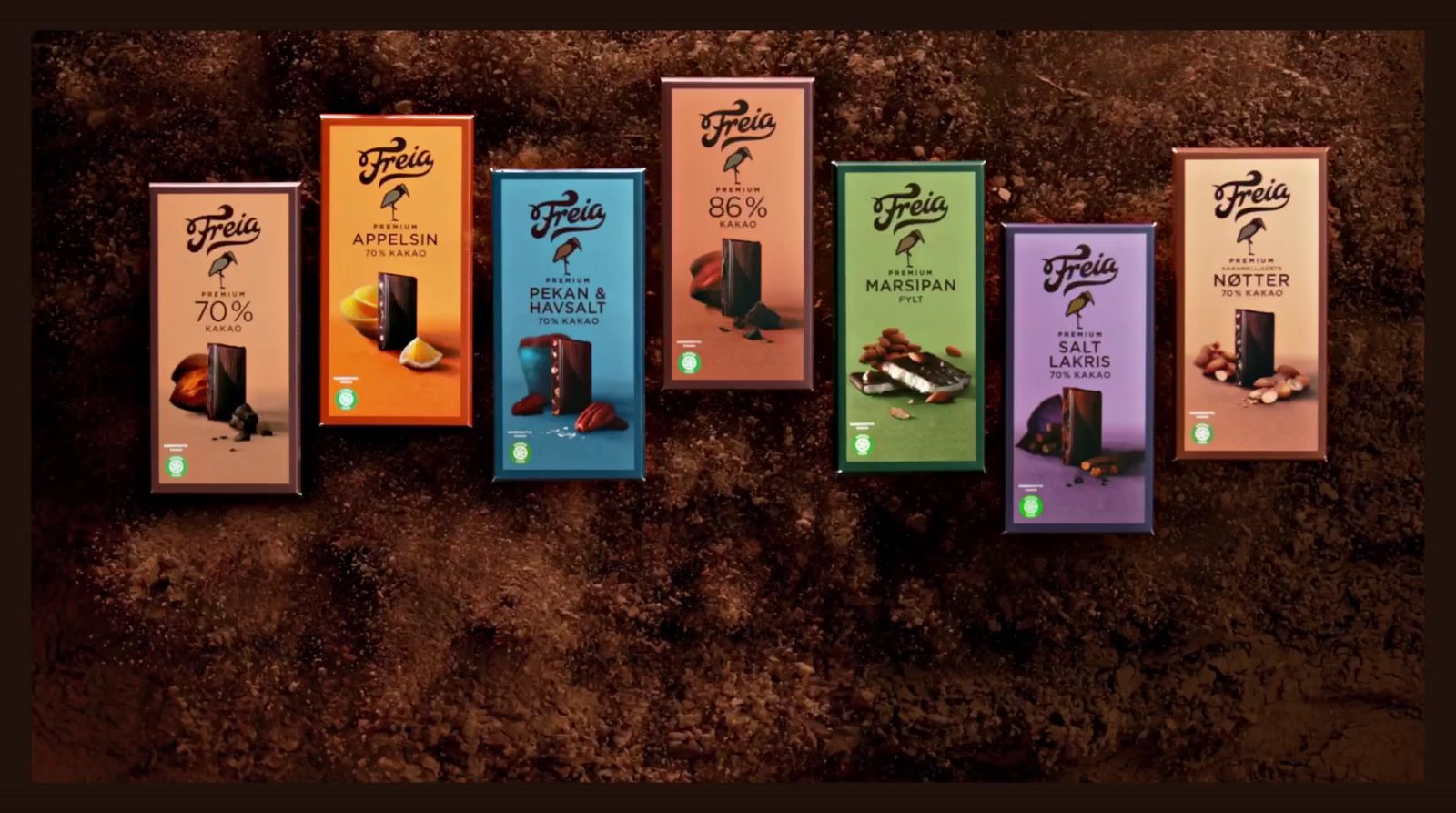 five boxes of chocolate are lined up in a row