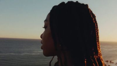 a woman with dreadlocks looking out at the ocean