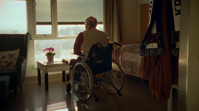 a man in a wheel chair looking out a window