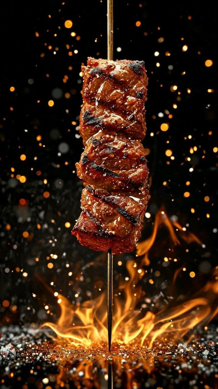 a skewer of meat on a stick with fire in the background