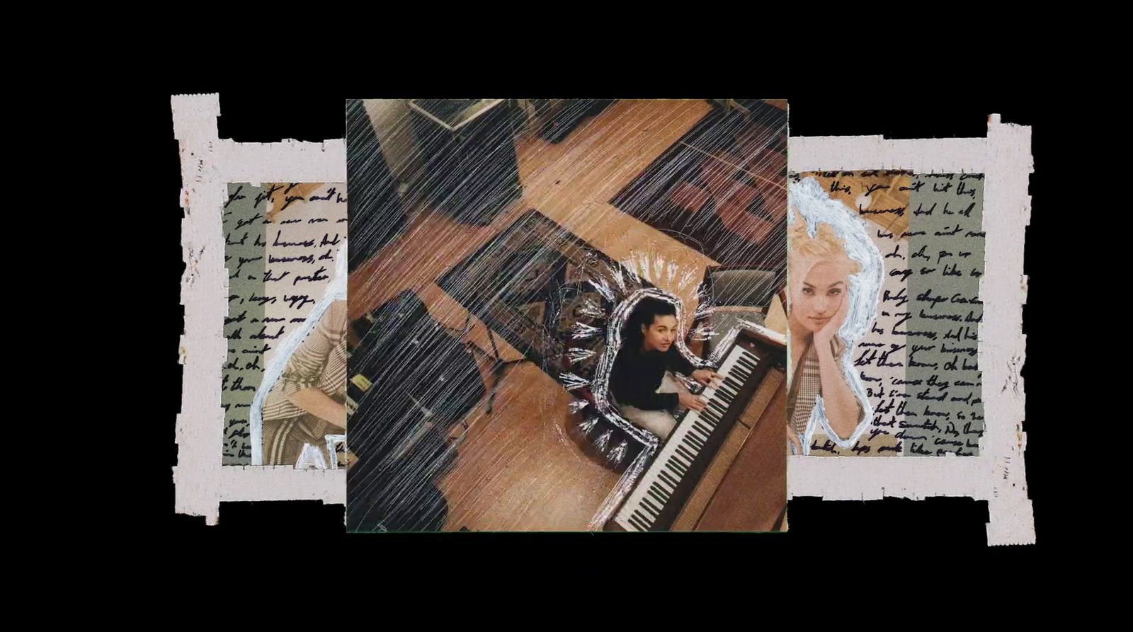 a collage of a woman sitting at a piano