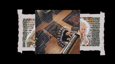 a collage of a woman sitting at a piano