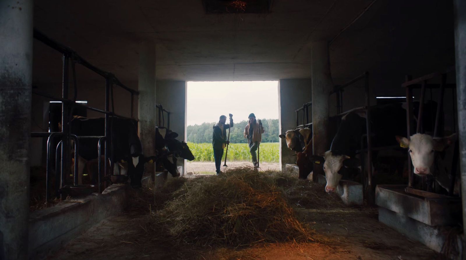 a group of people that are standing in a barn