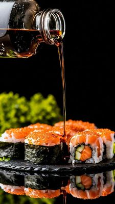 a plate of sushi with a bottle of wine