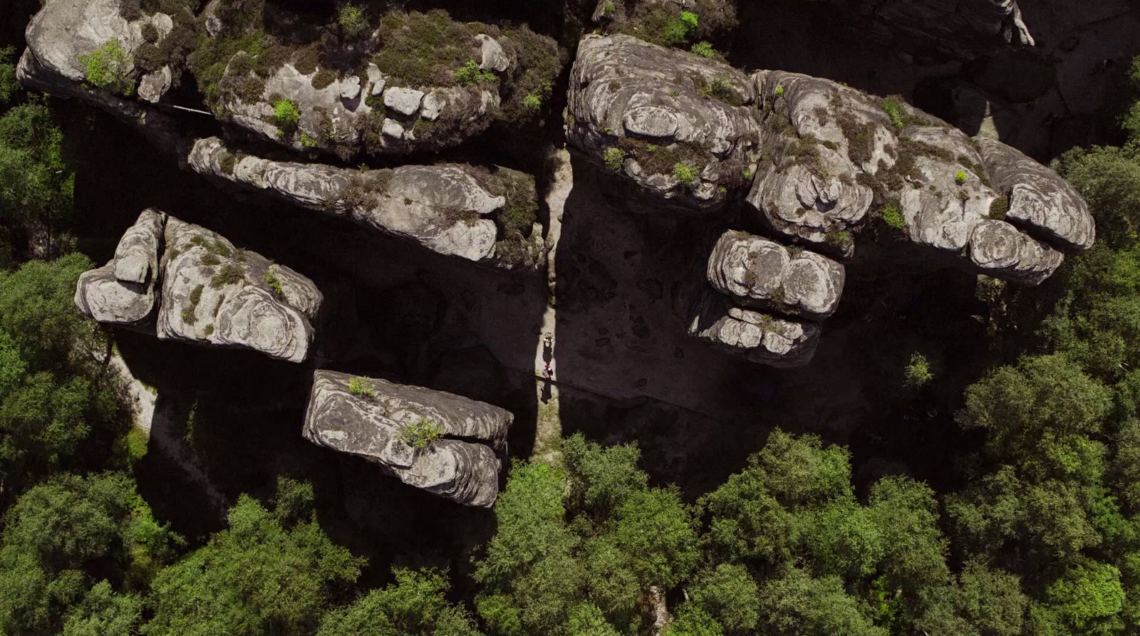 an aerial view of some rocks and trees