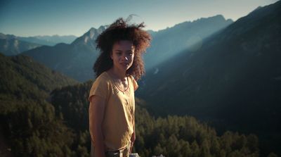 a woman standing on top of a lush green hillside