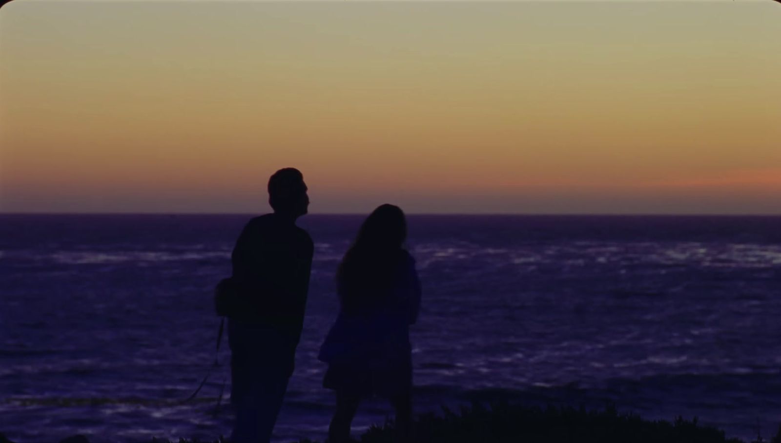 a couple of people standing on top of a hill near the ocean