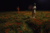 two people standing in a field of flowers at night