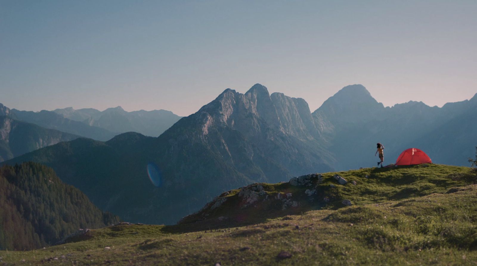 a man standing on top of a lush green hillside