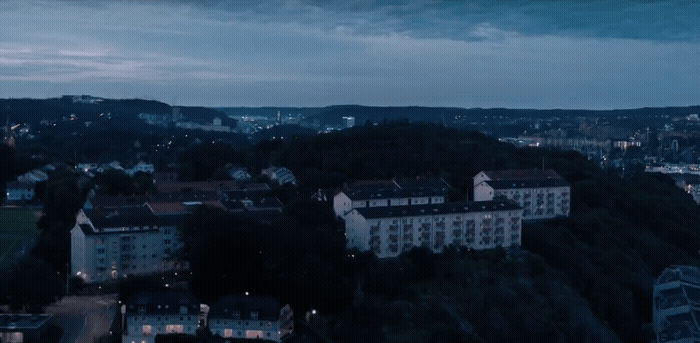 an aerial view of a city at night