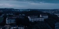 an aerial view of a city at night