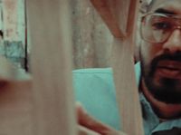 a man wearing glasses looking through a piece of wood