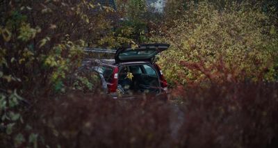 a car with its trunk open sitting in the woods