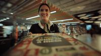 a woman standing behind a pizza box in a restaurant