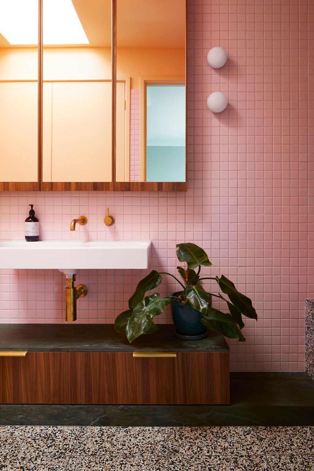 a bathroom with a sink, mirror and a plant