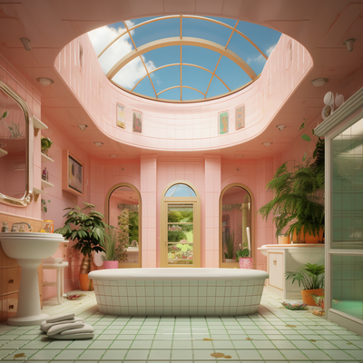 a bathroom with a skylight and a large tub