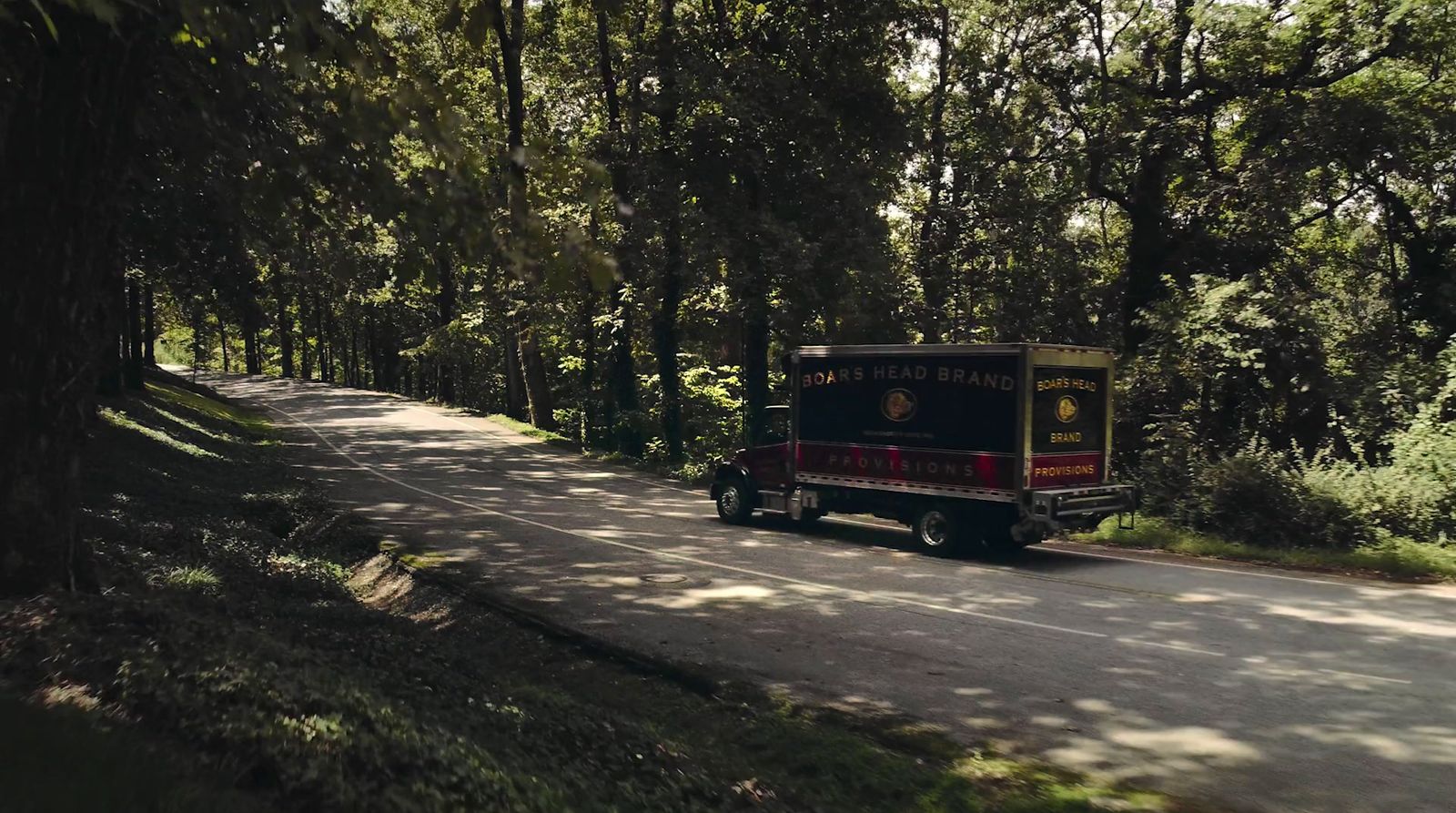 a truck is driving down the road in the woods