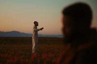 a man standing in a field of red flowers