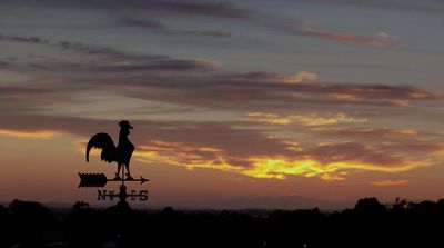 a rooster weather vane in front of a sunset