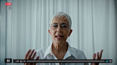 an older woman with glasses talking to someone