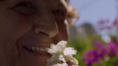 a close up of a person eating a flower