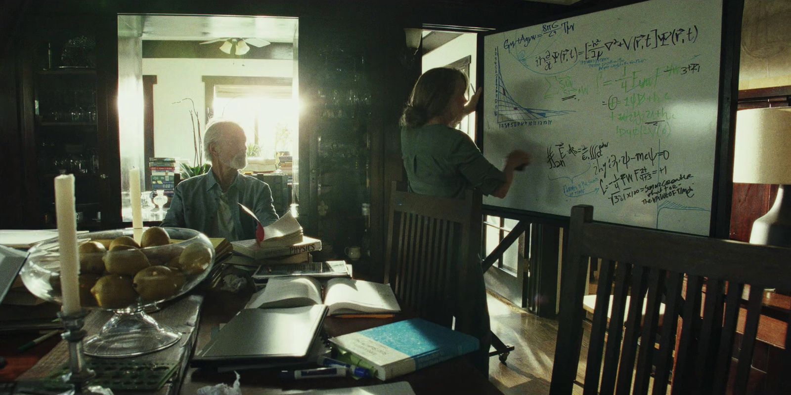 a man and a woman writing on a whiteboard