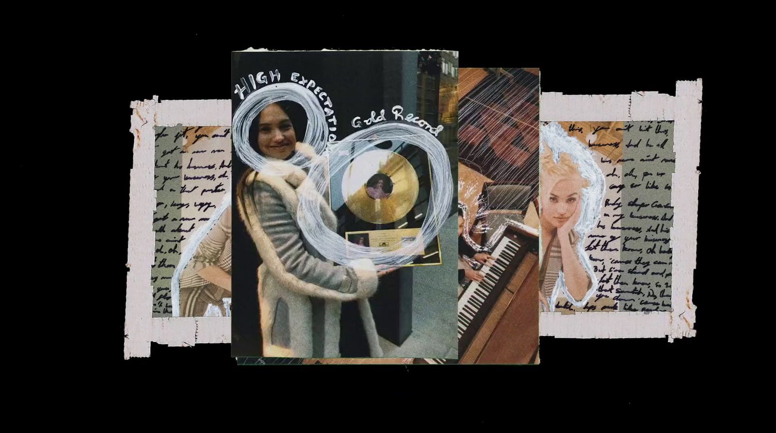 a collage of a woman playing a piano