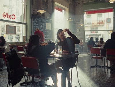 a group of people sitting at a table in a restaurant