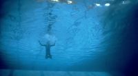 a person swimming under water in a pool