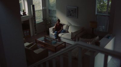a person sitting on a couch in a living room