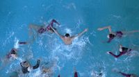 a group of people swimming in a pool