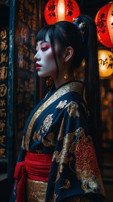 a woman in a geisha outfit with oriental writing on the wall