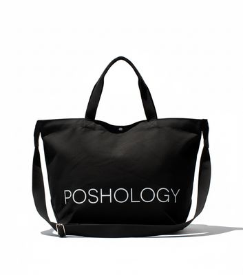 a black tote bag with the word poshology printed on it