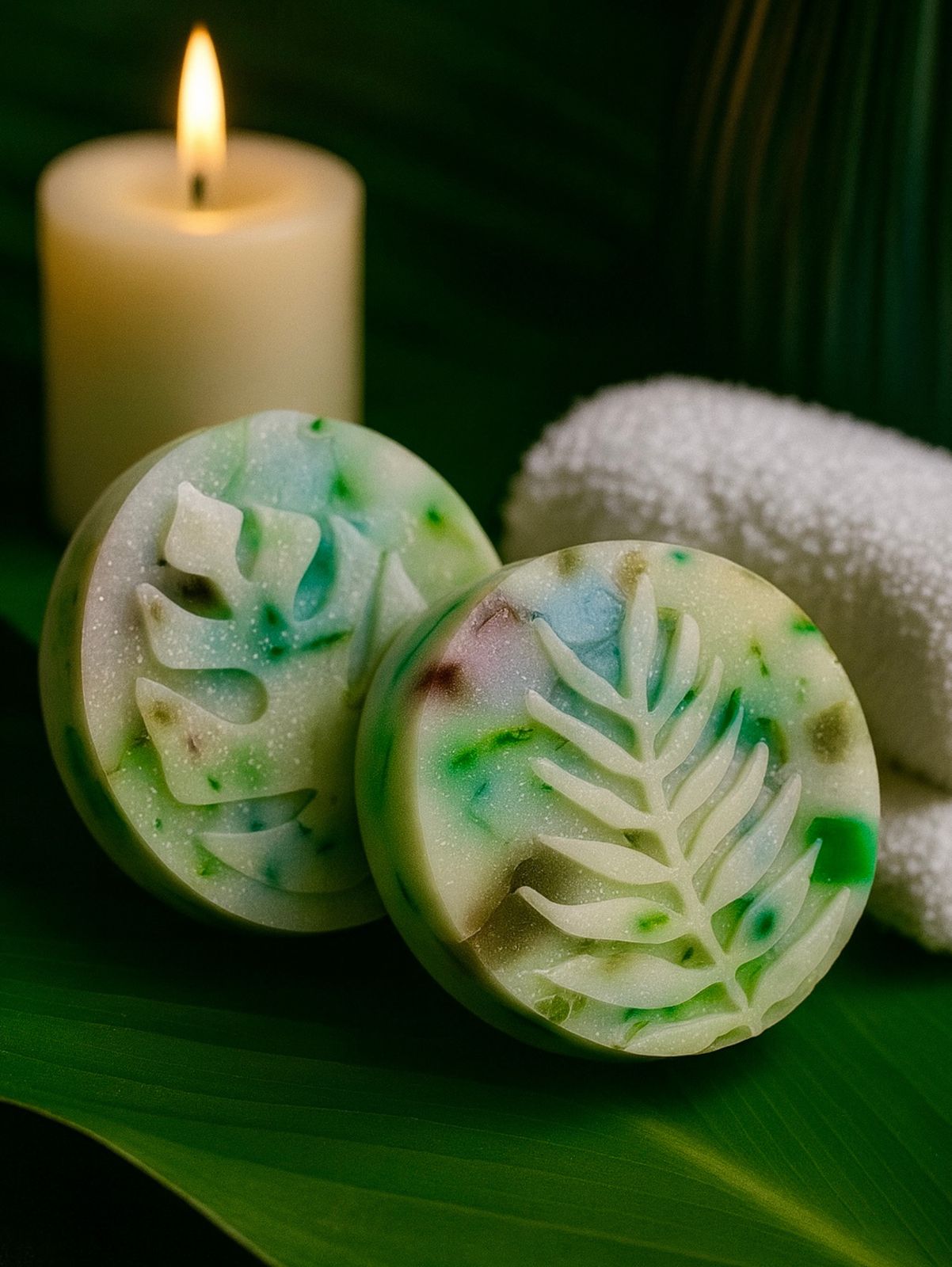 a couple of soaps sitting on top of a green leaf