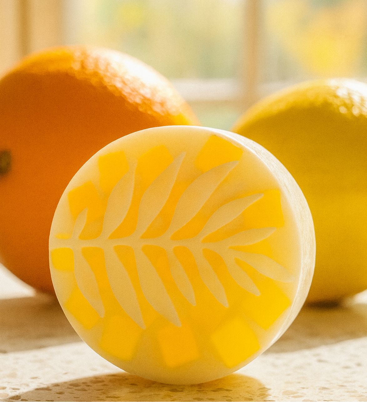 a close up of a soap ball on a table