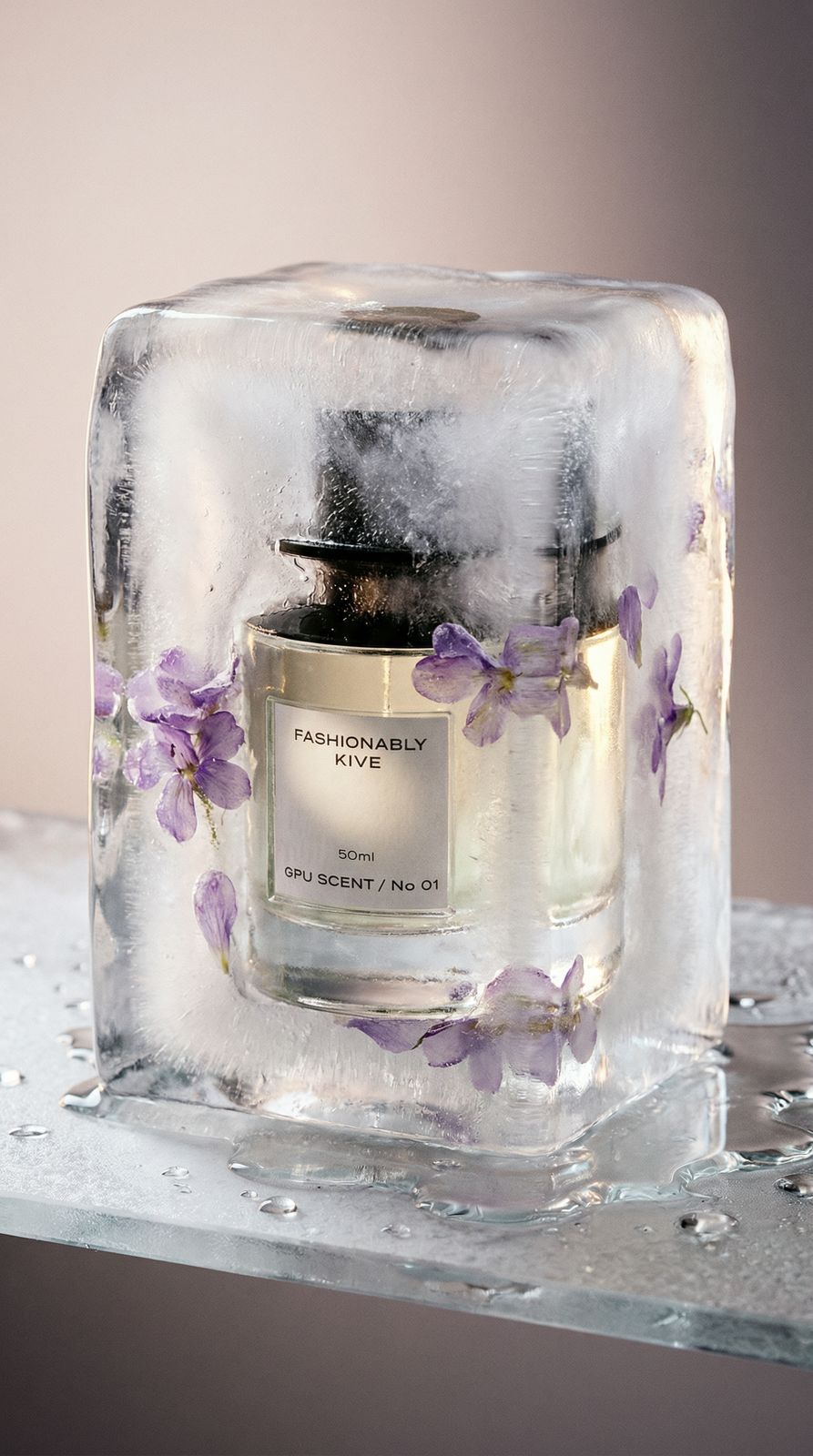 a bottle of perfume sitting on top of a glass block