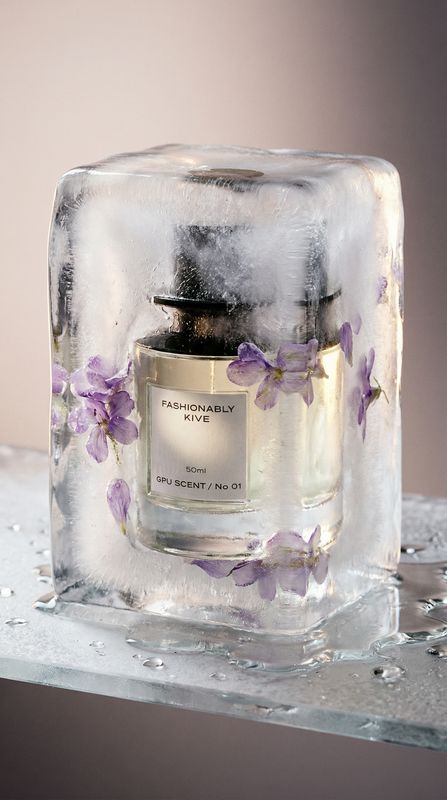 a bottle of perfume sitting on top of a glass block