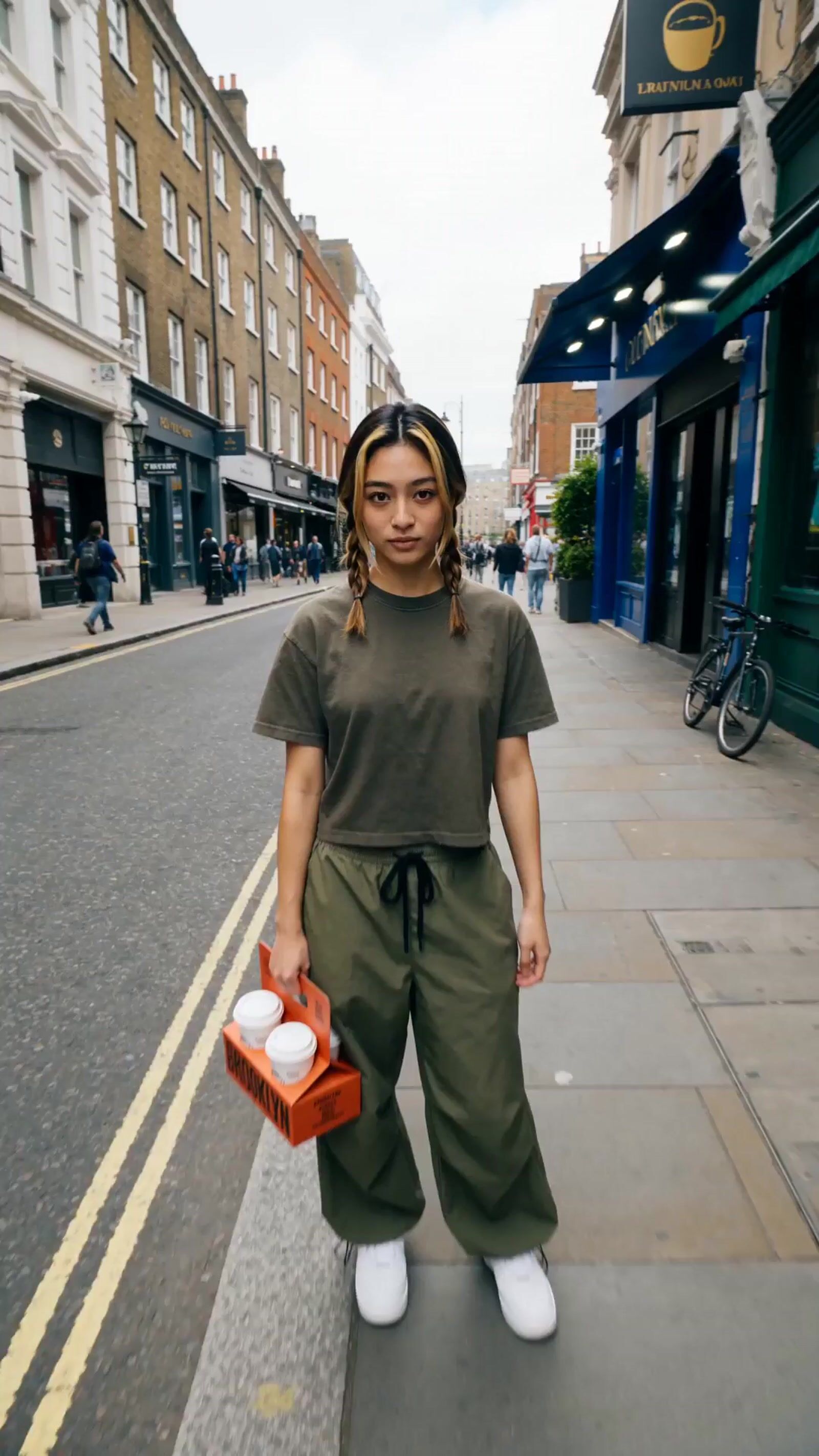 a woman standing on the side of a street