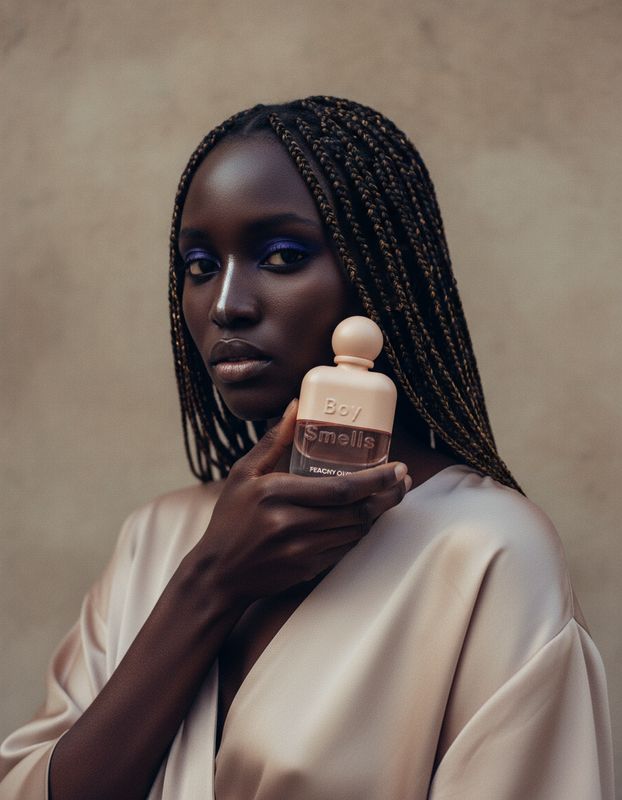 a woman with braids holding a bottle of perfume