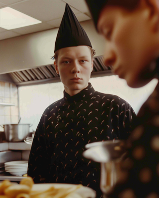 a man wearing a black hat in a kitchen