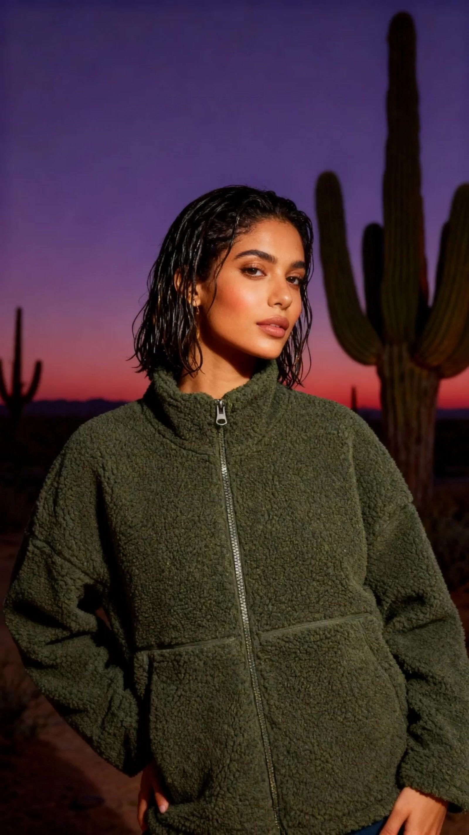 a woman standing in front of a cactus