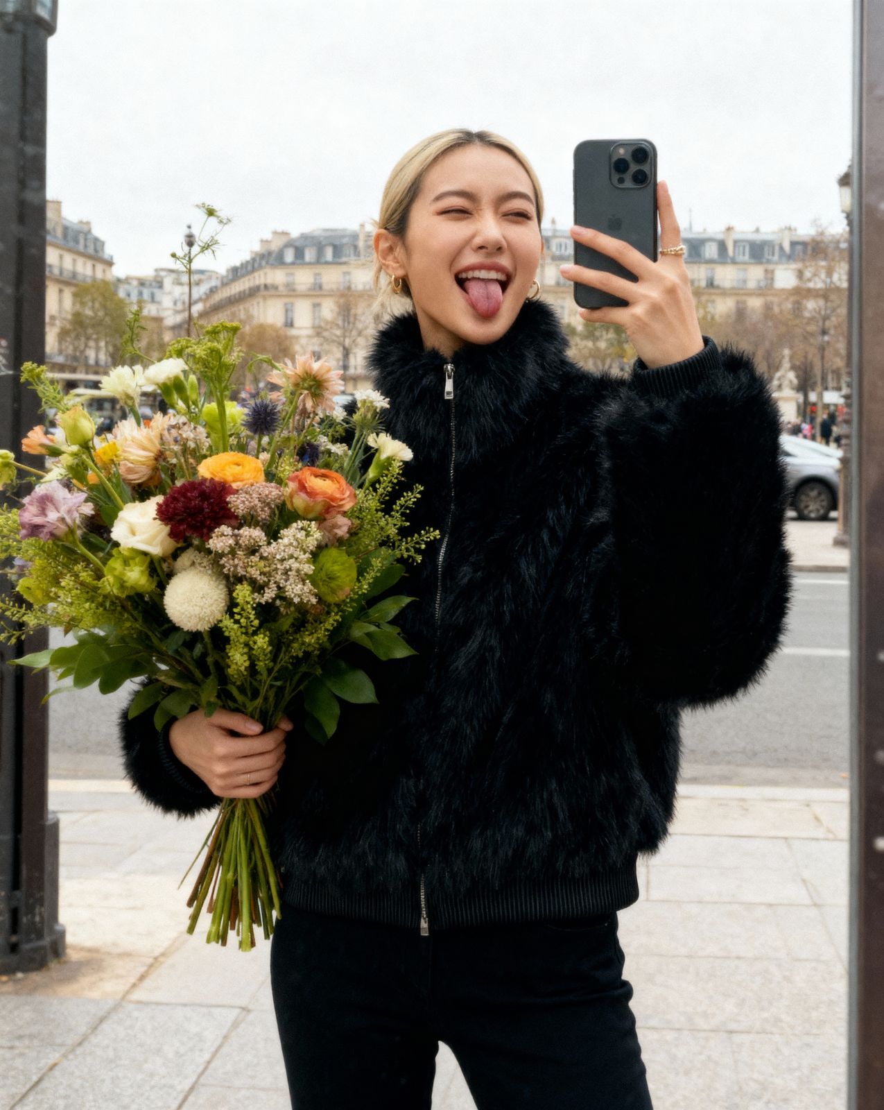 a woman taking a selfie while holding a bouquet of flowers