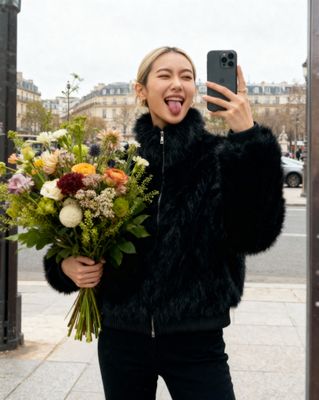 a woman taking a selfie while holding a bouquet of flowers