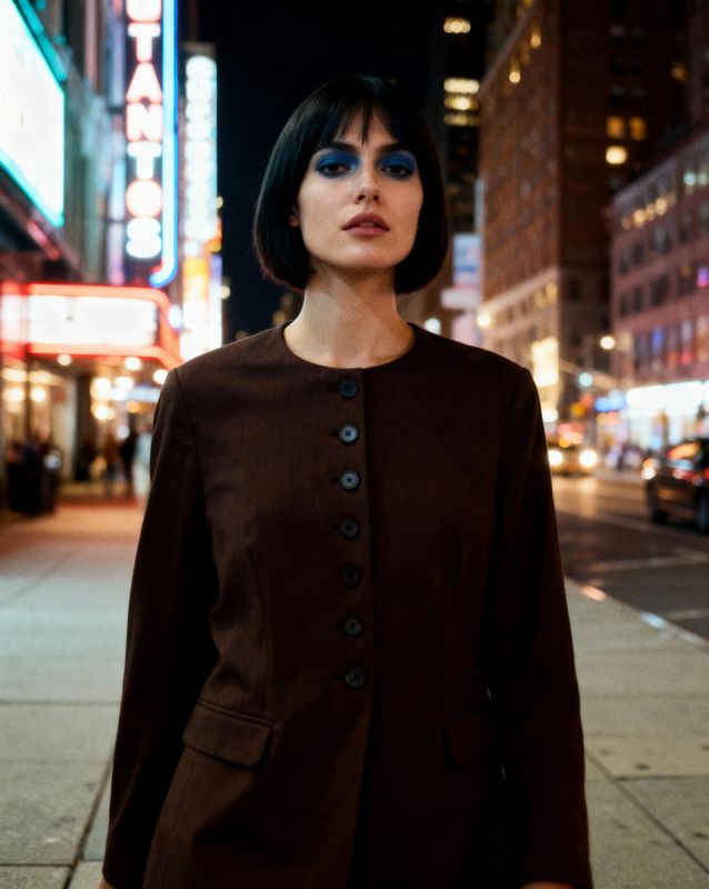 a woman standing on a city street at night