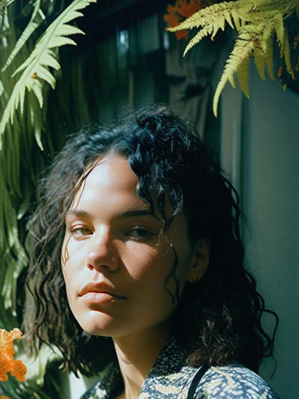 a woman standing next to a bush with flowers