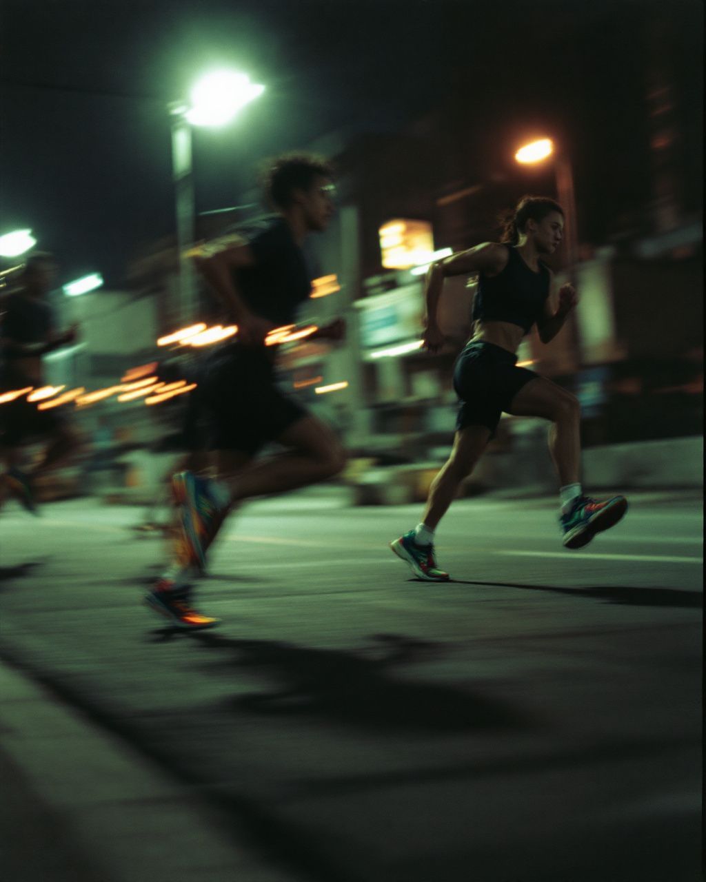 a group of people running down a street at night