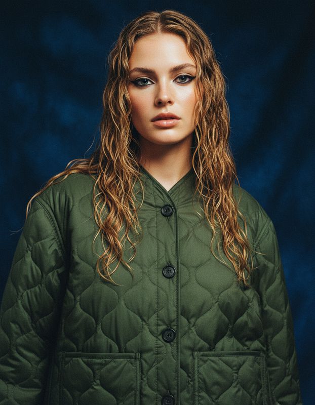 a woman with long hair wearing a green jacket